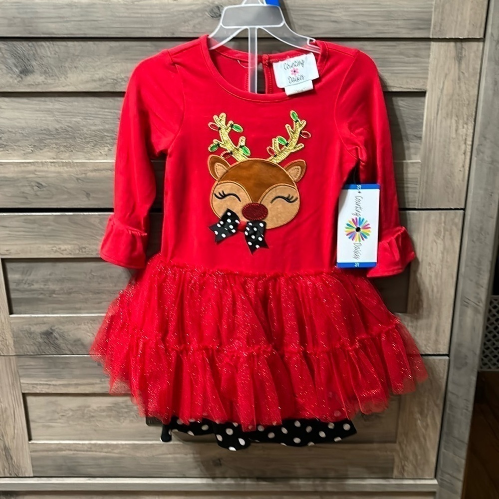 NWT Counting Daisies 2T Reindeer Long Sleeve &  Polka Dot Leggings With Ruff…